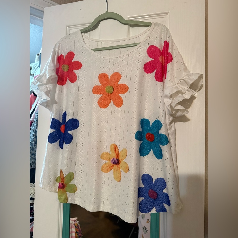 SHEIN White Eyelet Top with Bright Multicolor Floral Appliqués